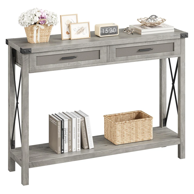 Garvee Farmhouse Style Entrance Console Table with Drawers in Rattan Grey Solid Wood Ideal for Living Room, Hallway or Hallway Side Table 109cm with Storage - Image 1