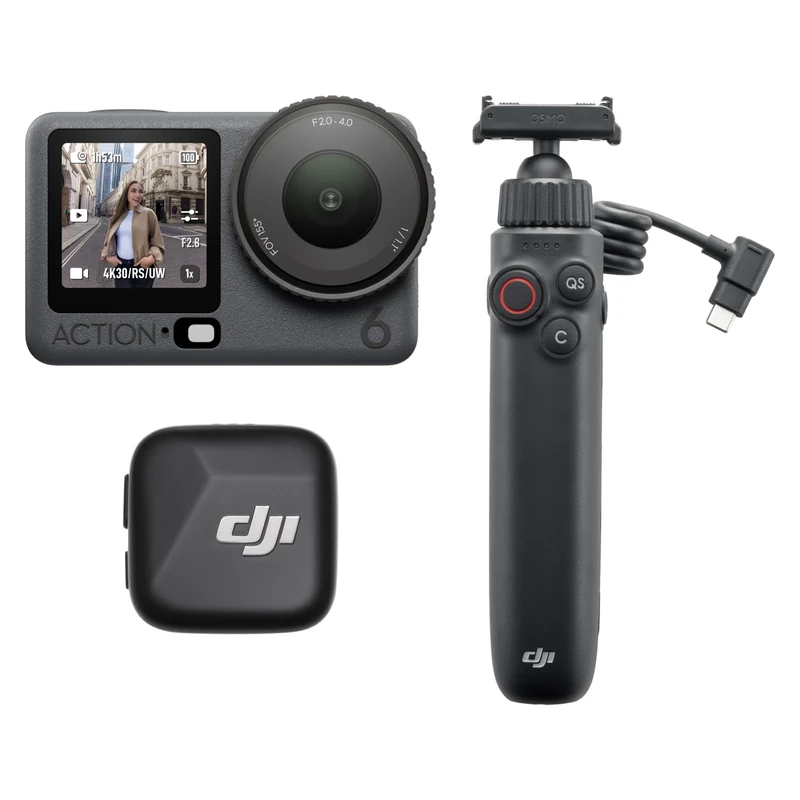 DJI Osmo Action 6 Vlog Combo, Action Camera for Vloggers With Dual-Direction Battery Handle and Mic Mini Transmitter, 1/1.1″ Sensor, Variable Aperture of f/2.0–f/4.0, Action Camera 4K for Vlogging