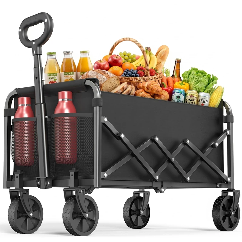 Handcart Foldable 120 L 160 kg Load Capacity, 360° All Terrain Wheels, Handcart Foldable Large with Drink Holder, Transport Trolley for Camping, Garden, Beach & Shopping, Black, 107 x 78 x 45 cm