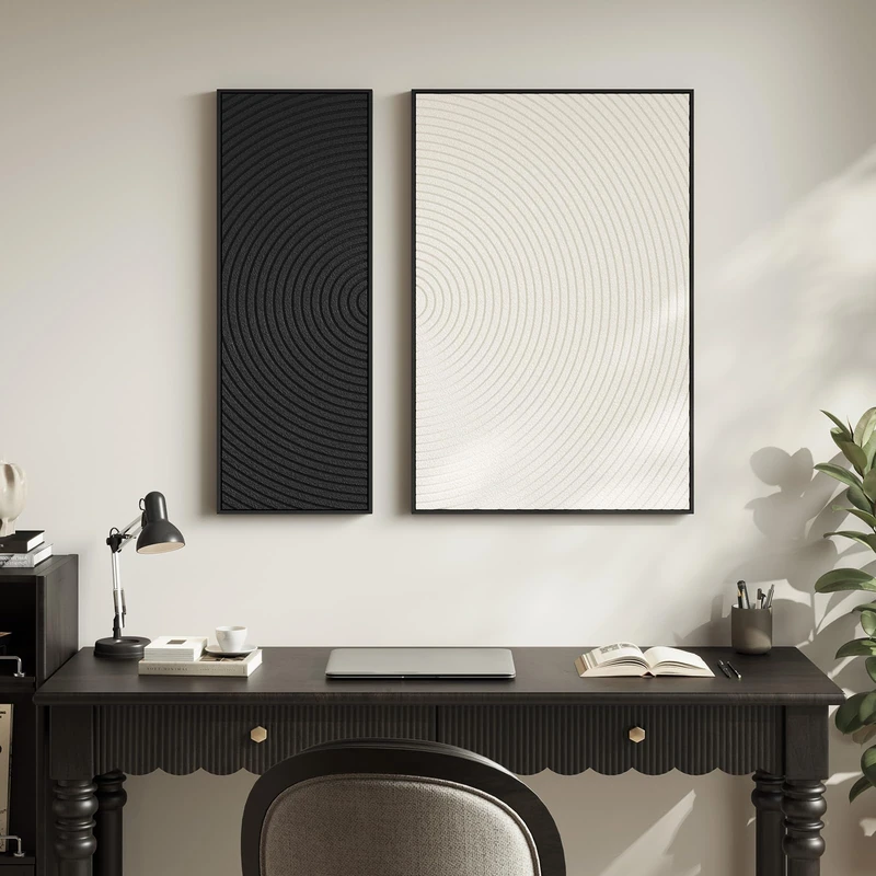 Framed 3D Textured Black and White Abstract Wall Art, 2 Piece Modern Minimalist Paintings Artwork for Walls, Black White Geometric Line Pictures for Living Room Bedroom Hallway Office Wall Decor