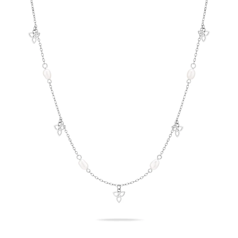 Tamaris Pearl Flower Necklace – Silver – Necklace with Zirconia Stones and Flower Pendants Made of Stainless Steel