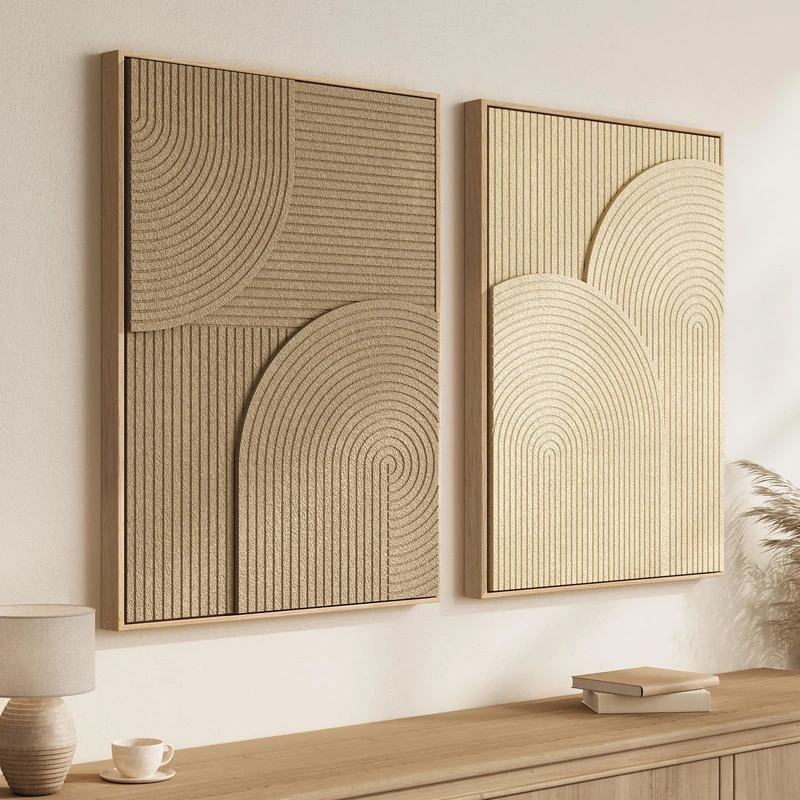 Large 3D Textured Framed Neutral Abstract Wall Art Set, 2 Piece Modern Minimalist Paintings Artwork for Walls, Beige Brown Geometric Line Pictures for Living Room Bedroom Hallway Wall Decor 24x36 In