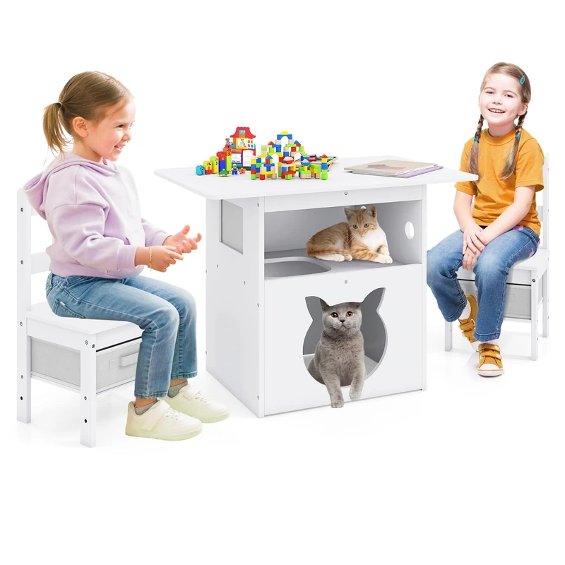 FANTASK Children's Table Set of 3, 2-in-1 Seating Set with Chairs, Fabric Drawers, Cat House, Children's Painting Table with Entrance Window for Toddlers from 3 Years, White