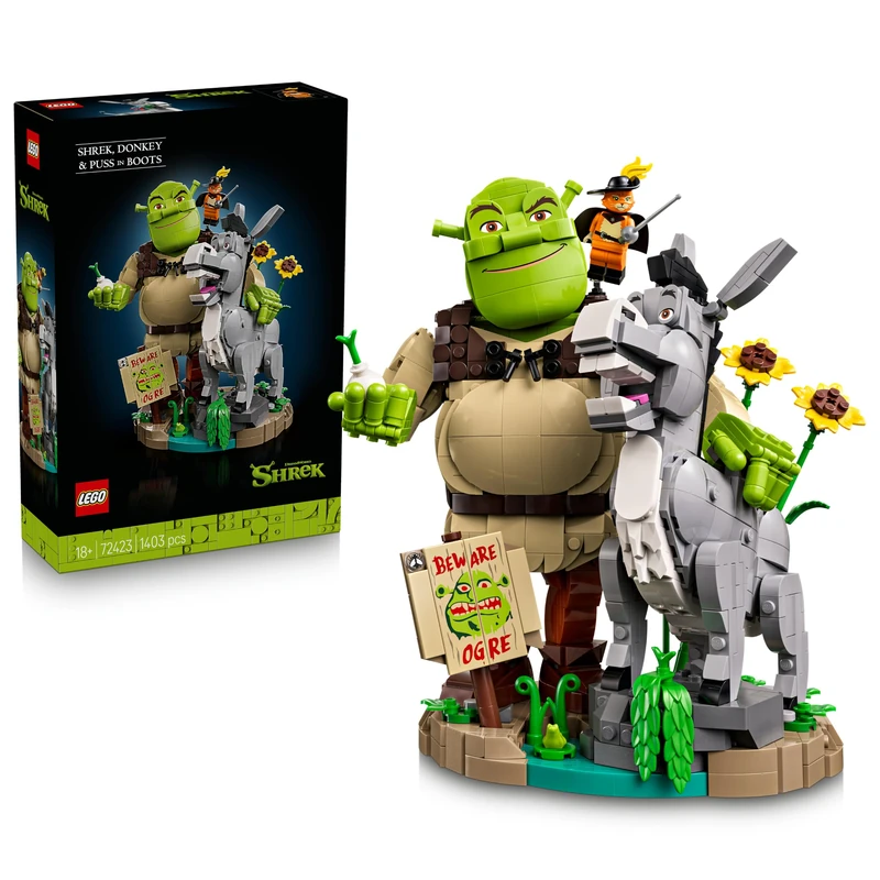 LEGO Shrek, Donkey & Puss in Boots - Movie Memorabilia Model Kit for Adults - Display Set w/ 3 Figures for Shelf or Desk Decor - Nostalgic Gift Idea for Fans - 72423