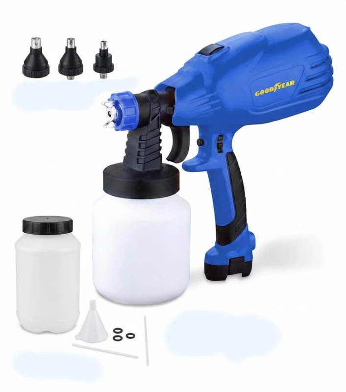 Goodyear - Electric Paint Gun 450W HVLP, 1L, 450–550 ml/min, 3 Nozzles (1/1.5/2 mm), 2–5 PSI, 38,000 RPM, Electric Sprayer for Walls, Furniture and DIY (450W)