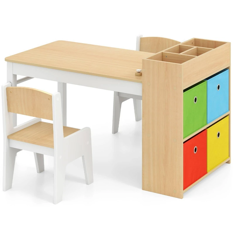 GYMAX Kids Table and Chairs Set, Wooden Children Art Desk with Paper Roll, 4 Fabric Bins&Storage Shelves, 3 in 1 Toddler Activity Table Set for Drawing Writing Learning,100x50x58cm (Colorful+Natural)
