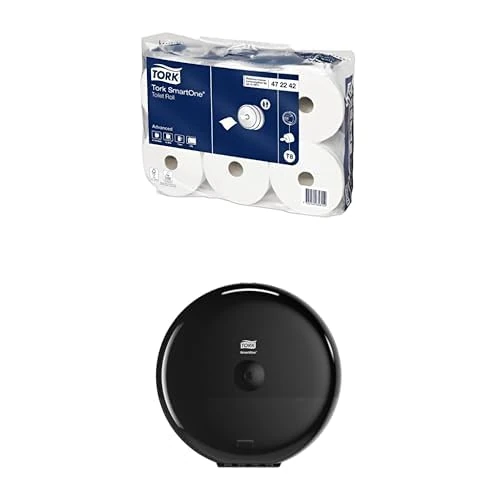 Tork SmartOne Toilet Roll 472242, White, T8, 2-Ply - 6 x 1150 Sheets & Tork SmartOne Toilet Roll Wall Mounted Dispenser 680008, Black, T8 - SmartOne Bundle