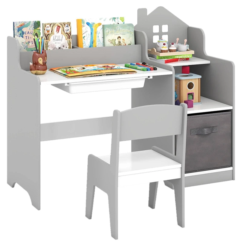 GYMAX Kids Desk and Chair Set, Children Writing Table with Drawer, Open Shelves and Storage Bin, Wooden Student Study Desk Set for Boys Girls, 94 x 40 x 76cm (Grey)