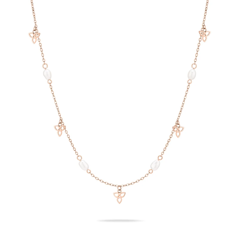 Tamaris Pearl Flower Necklace - Rose Gold - Necklace with Zirconia Stones and Flower Pendants Made of Stainless Steel