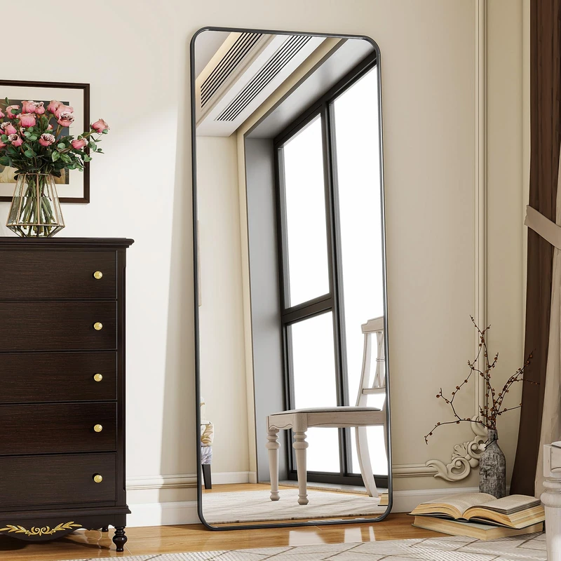 Koonmi Round Integral Corner Mirror with Stand for Bedroom Wall Hanging Living Room Cloakroom 58x168cm Black