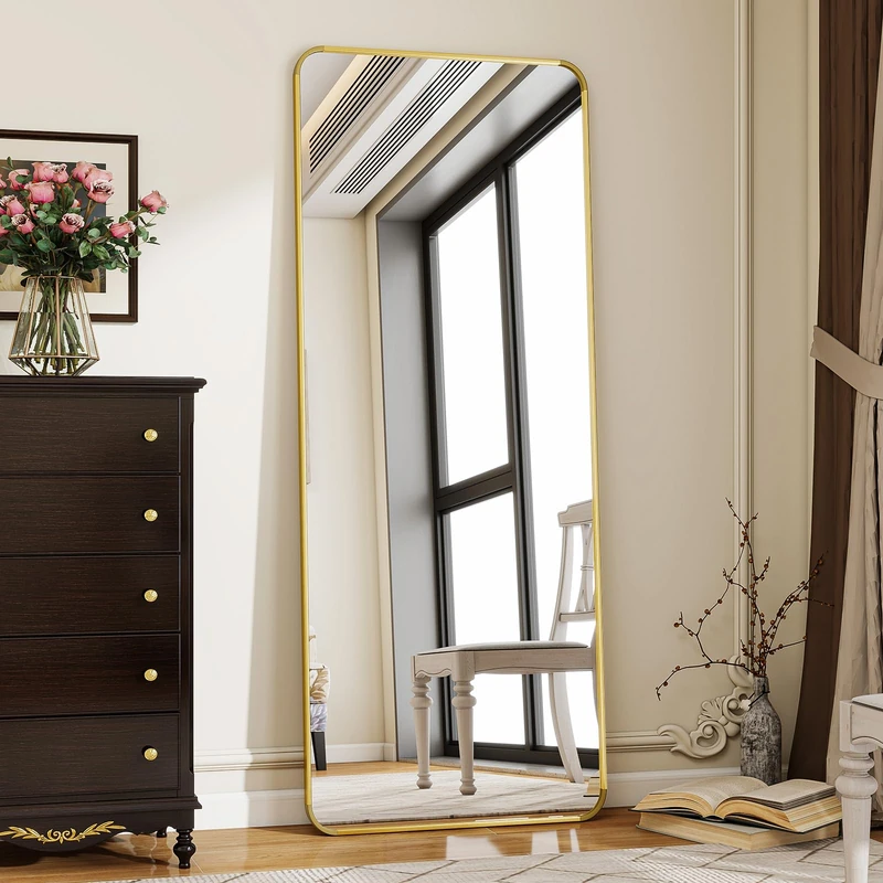 Koonmi Round Integral Corner Mirror with Stand for Bedroom Wall Hanging Living Room Cloakroom 58x168cm Gold