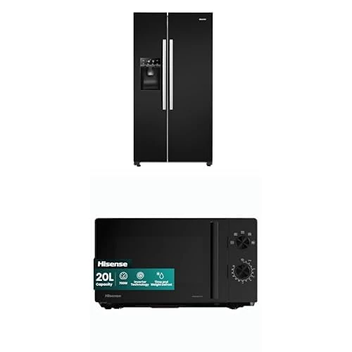 Bundle of Hisense RS694N4IBE Side-by-Side Door American Fridge Freezer 562L 91 x 178.65 x 74.3 cm (W x H x D), Black + Hisense 700 Watts 20 Litre Inverter Microwave Oven H20MOBP1HIUK Black