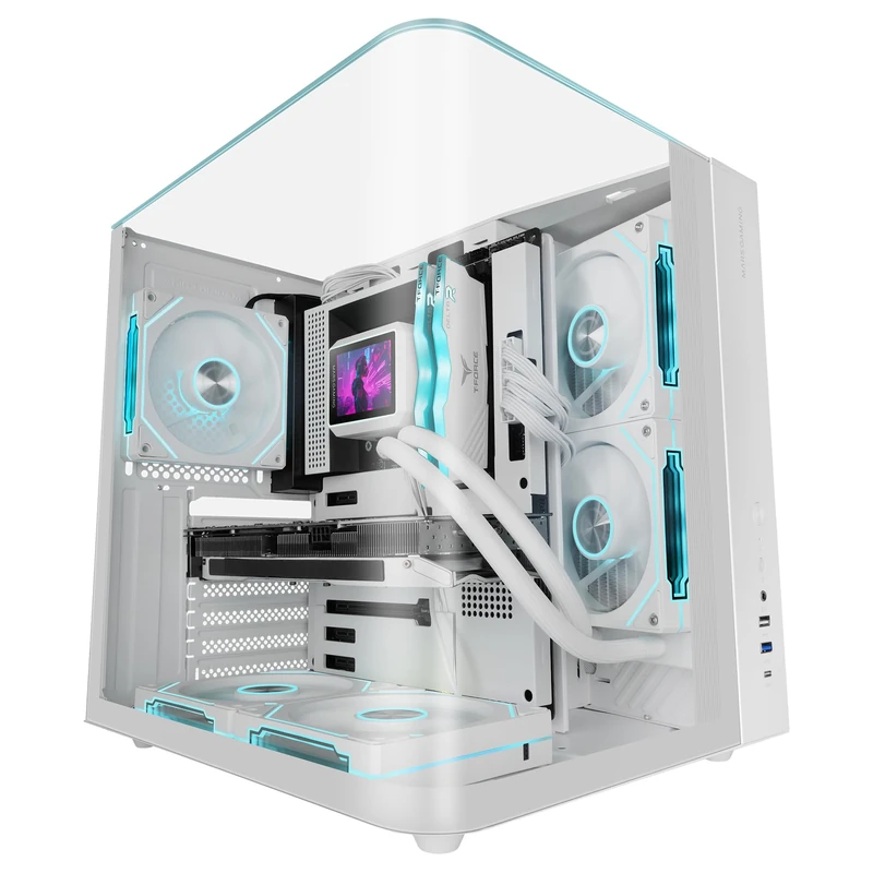Mars Gaming MC-INFINIOLITE, ATX Gaming Case, Frameless Continuous Curved Tempered Glass, Tempered Glass Top Panel, Dual Chamber Structure, Liquid Cooling Support up to 240mm, White