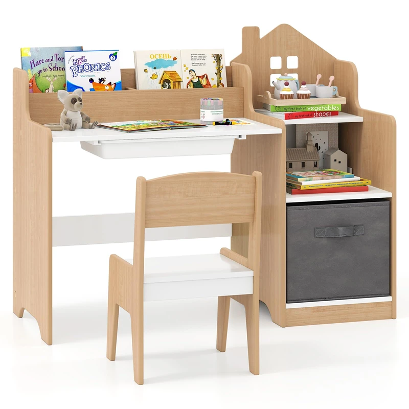 GYMAX Kids Desk and Chair Set, Children Writing Table with Drawer, Open Shelves and Storage Bin, Wooden Student Study Desk Set for Boys Girls, 94 x 40 x 76cm (Natural+Grey)