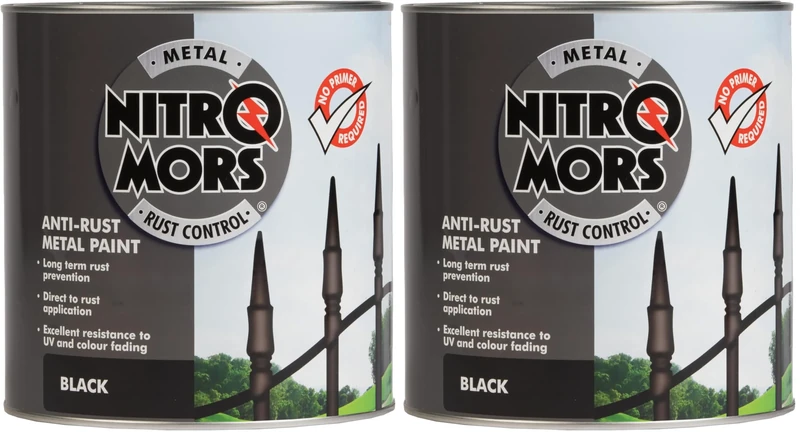 Nitromors Smooth Metal Paint for Metal Doors Garden Furniture Gates Railings, Rust Protection No Primer Needed UV Resistant Black, 2.5 L (Pack of 2)
