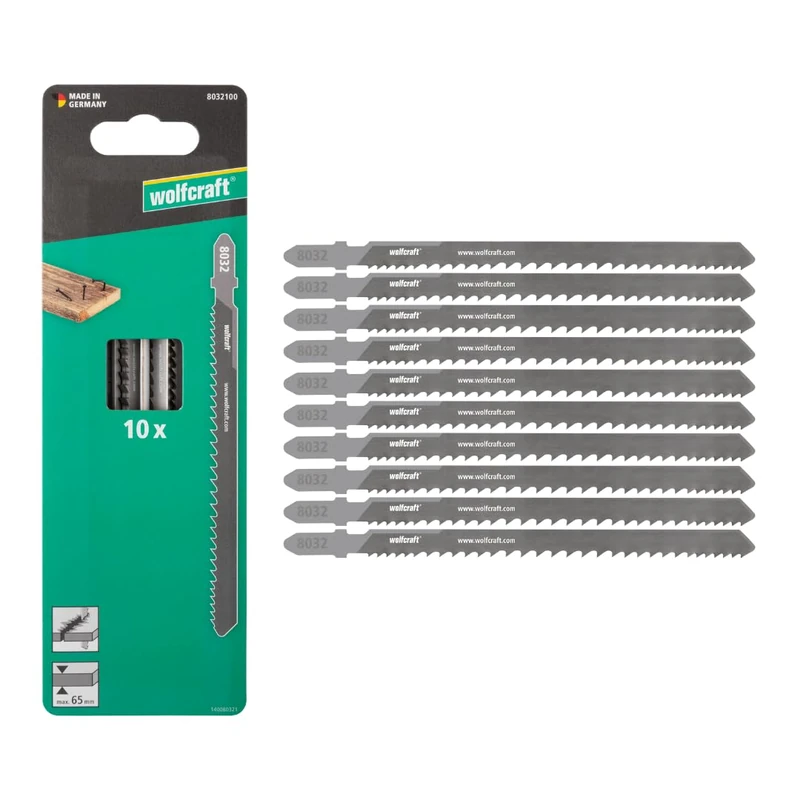 wolfcraft 10 Jigsaw Blade - Fast Cuts- Bi-Metal Blade with T-Shank – Ideal for Wood with Embedded Material - Cutting Depth 65mm - 8032100