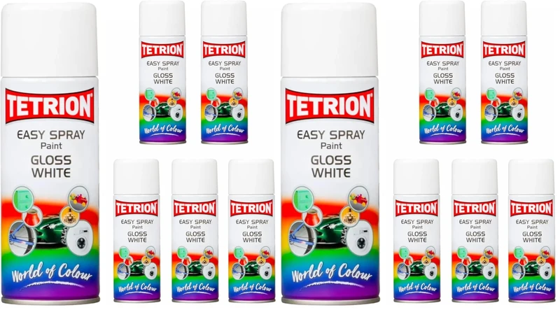 Tetrion Easy Spray Paint Gloss White 12-Pack, Multipurpose Spray for Metal, Wood, MDF, Ceramic, Plastic - Quick-Drying Interior & Exterior Finish