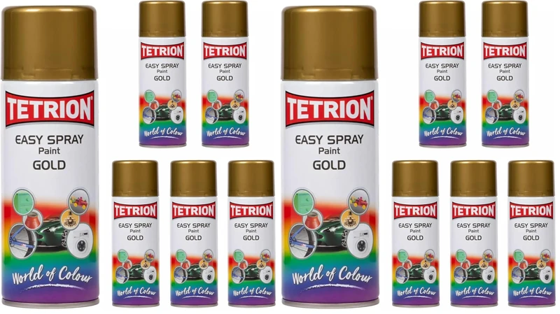 Tetrion Easy Spray Paint Gold 400 Ml- Multipurpose Spray, 12 Pack for Metal, Wood, Ceramic & Plastic - Quick-Dry Interior Exterior Use