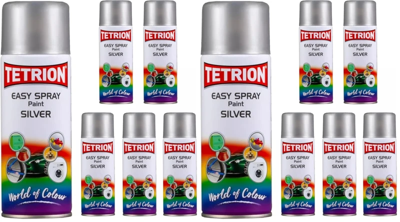 Tetrion Easy Spray Multipurpose Acrylic Paint Silver 400 ml Pack of 12 Cans Quick-Drying Aerosol Ideal for Metal, Wood, Ceramic & Plastic