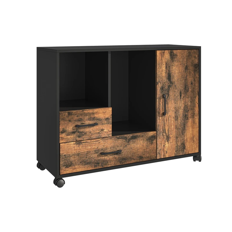 Relaxdays mobile cabinet, 2 drawers, 4 shelves, HWD: 70x90x35 cm, office storage with door, industrial, brown/black