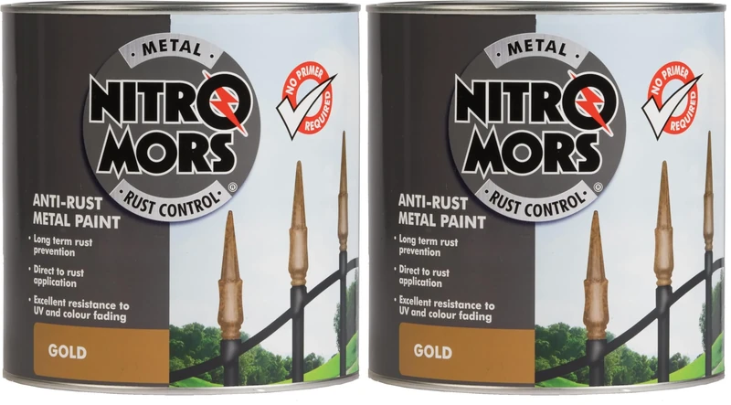 Nitromors Smooth Metal Paint, Gold 750 ml No Primer Needed, UV & Colour Fade Resistant, Ideal for Metal Doors, Gates & Garden Furniture, Rust Protection, For All Metal Types (Pack of 2)