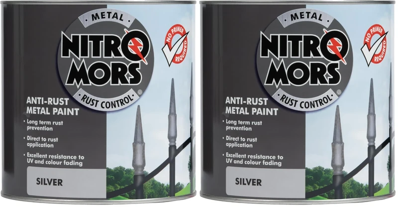 Nitromors Smooth Metal Paint - Rust Protection UV Resistance for Metal Doors, Gates & Garden Furniture - No Primer Needed, Silver 2.5L (Pack of 2)
