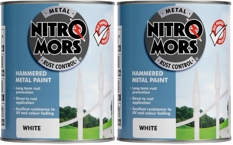 Nitromors Hammered Metal Paint White, UV Resistant Paint for Metal Doors, Gates and Furniture, Rust Protection and No Primer Needed, 750ml (Pack of 2)