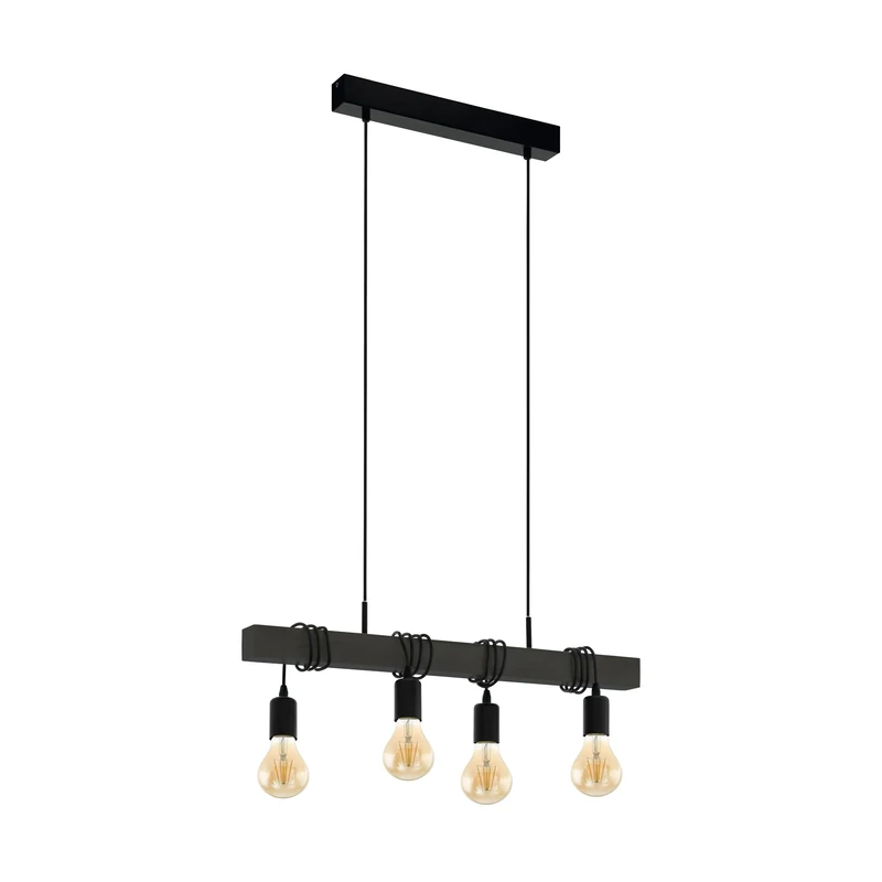Eglo LED Pendant Lighting Townshend, 4-Light Vintage Style Hanging lamp Over Dining Table, Industrial, Dining Room Light Fixture, Black Wood and Steel, FSC, E27 Fitting