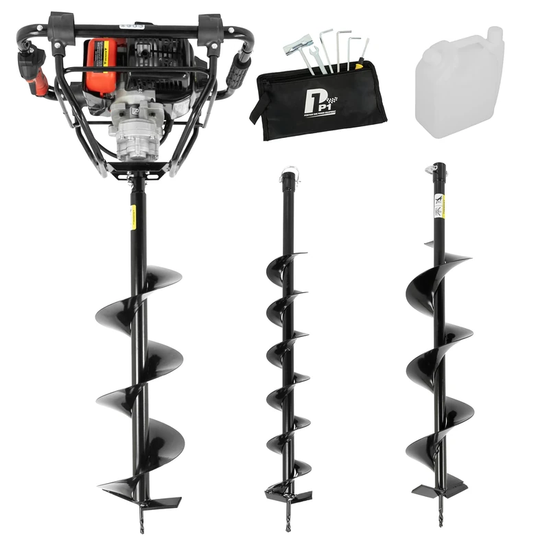 P1 56cc Petrol Earth Auger with Brake System – Post Hole Borer & Ground Drill with 100, 150 & 200mm Bits – Fence Post, Tree Planting & Groundwork Tool