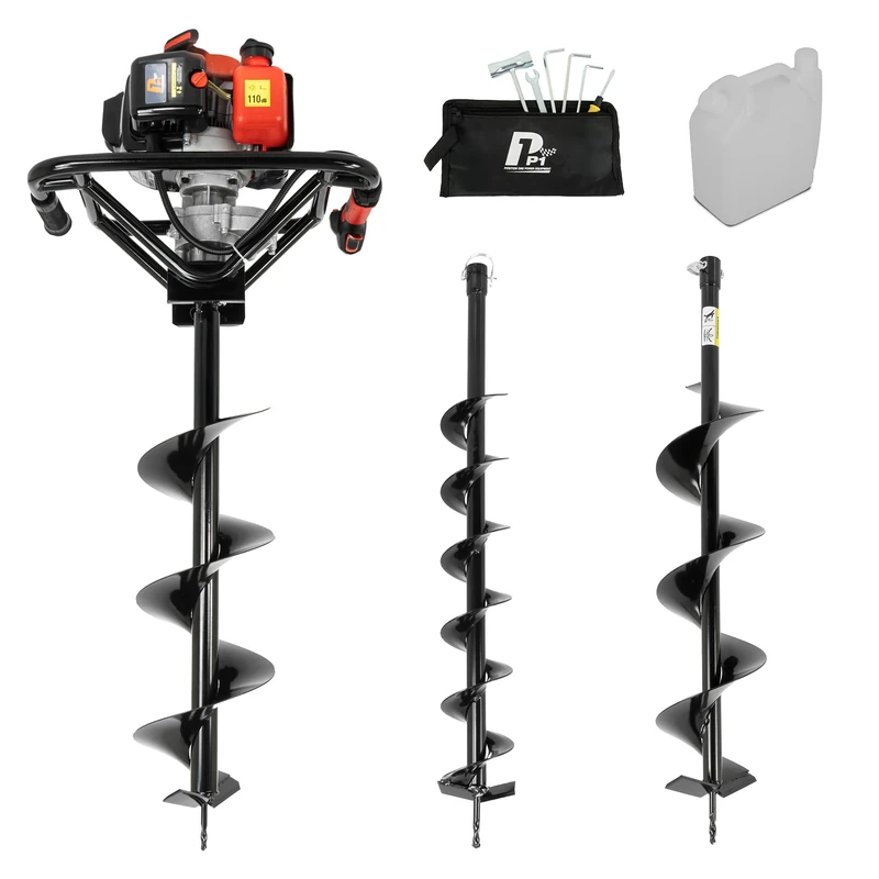 P1 56cc Petrol Earth Auger – Post Hole Borer & Ground Drill with 100, 150 & 200mm Bits – Ideal for Fencing, Tree Planting, Soil Drilling & Landscaping