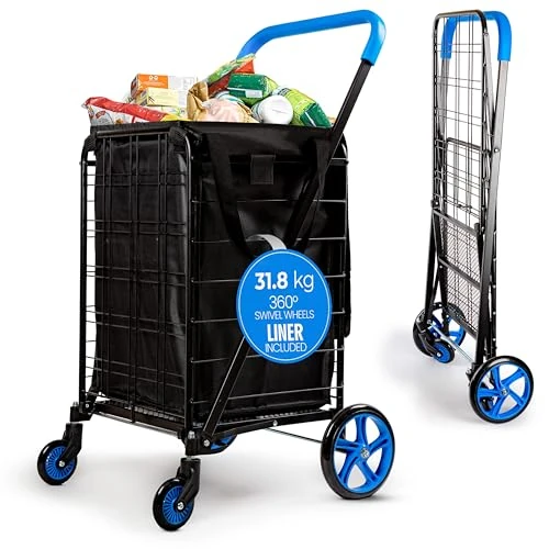 SereneLife Foldable Shopping Trolley with Wheels - Heavy Duty Folding Grocery Cart with Removable Weatherproof Liner, 4 Wheel Swivel Trolley for Shopping Laundry and Luggage, 50 kg Capacity (Blue)