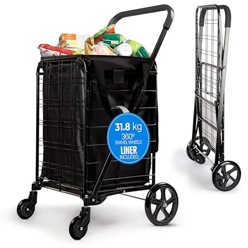 SereneLife Foldable Shopping Trolley with Wheels - Heavy Duty Folding Grocery Cart with Removable Weatherproof Liner, 4 Wheel Swivel Trolley for Shopping Laundry and Luggage, 31 kg Capacity (Black)