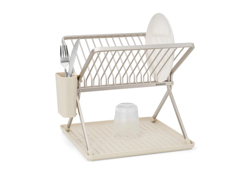 Brabantia SinkSide Foldable Dish Drying Rack (Soft Beige), Sleek Organiser with Removable Cutlery Basket, Versatile Sink Drainer for Dishes and Kitchen Accessories