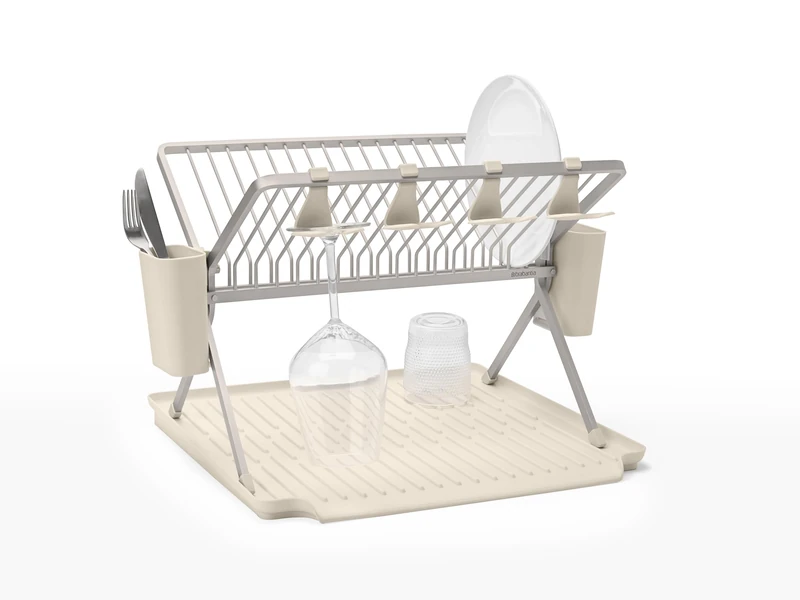 Brabantia SinkSide Large Foldable Dish Drying Rack (Soft Beige), Sleek Organiser with Removable Cutlery Basket, Versatile Sink Drainer for Dishes and Kitchen Accessories - Image 1