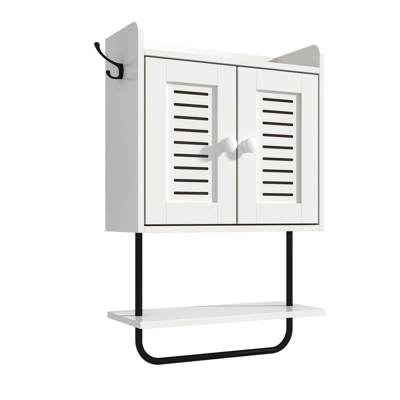 Relaxdays wall cabinet, towel rail, 2 hooks, 2 shelves, double door, HWD: 61 x 40 x 17.5 cm, white