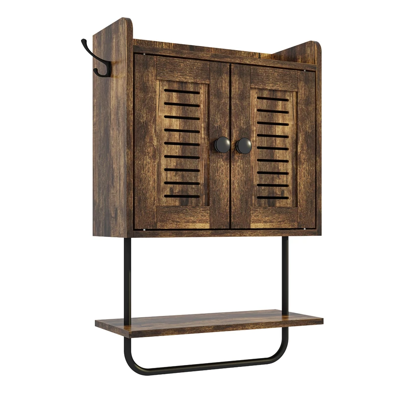Relaxdays wall cabinet, towel holder, 2 hooks, 2 shelves, double doors, HWD: 61 x 40 x 17.5 cm, brown