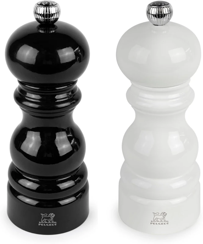 PEUGEOT - Paris Duo - Pepper Mill + Salt Mill 15 cm - Classic Adjustment - PEFC-Certified Recycled Wood - Made in France - Black & White Lacquer Finish