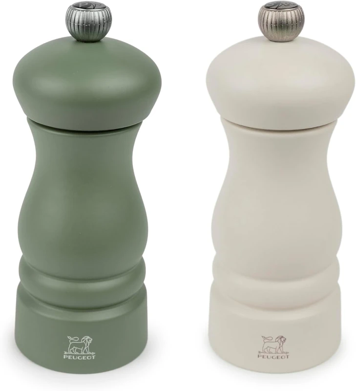 PEUGEOT - Clermont Duo - Pepper Mill + Salt Mill 13 cm - Classic Adjustment - Beech Wood - Made in France - Fern Green & Feather White Colour