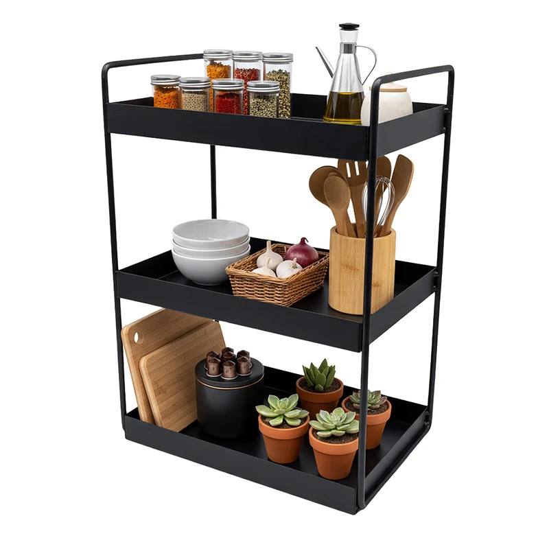 Relaxdays spice rack, 3 tiers, space-saving, kitchen organiser, HWD: 44 x 26 x 18 cm, bathroom organiser, metal, black