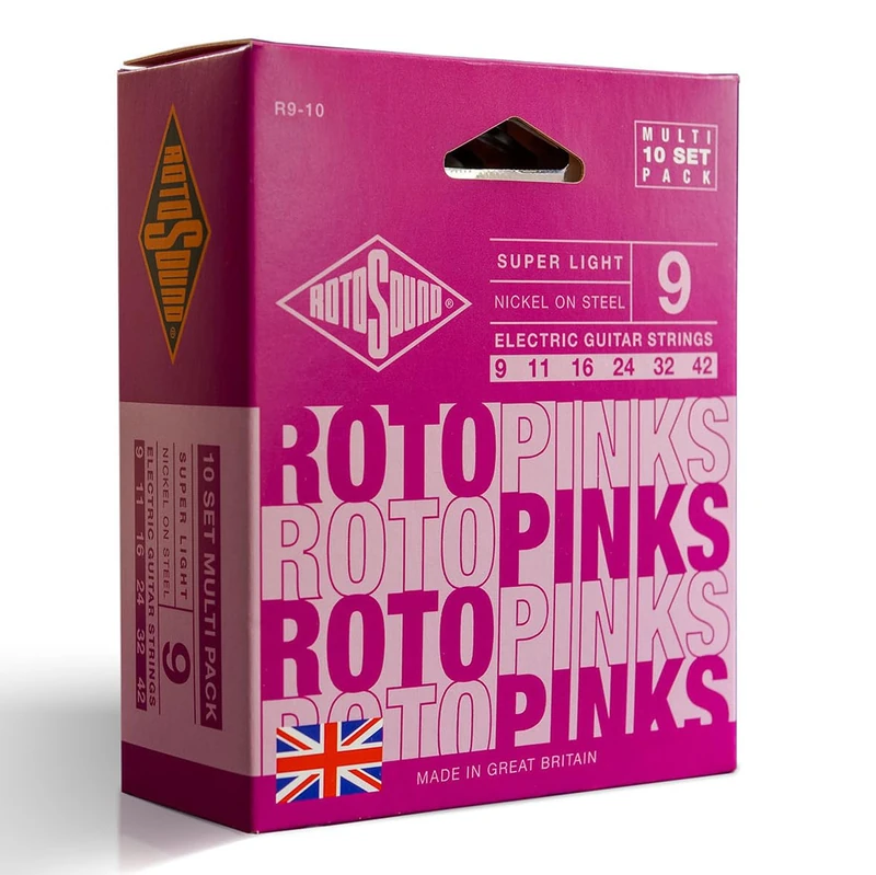 Rotosound 'Roto Pinks' 9-42 Ten Set Multipack. Super Light Gauge Nickel Electric Guitar Strings (Pack of 10), R9-10