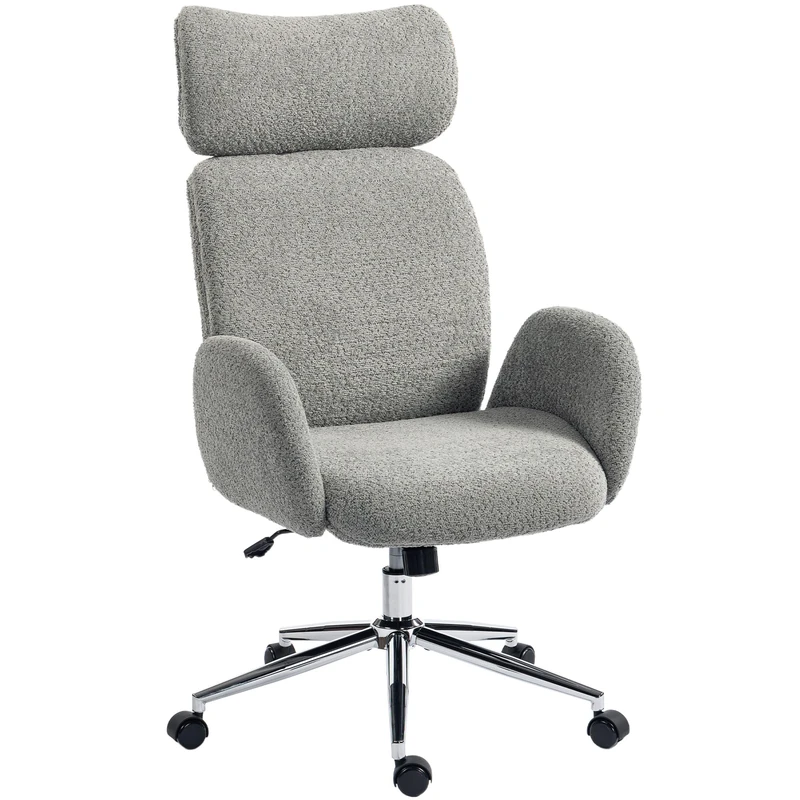 HOMCOM Office Chair with Adjustable Headrest, Spring Pack, Curved Line, Swivel Desk Chair with High Back, Boucle Fabric, Tilting Function, Adjustable Height for Home, Charcoal Grey