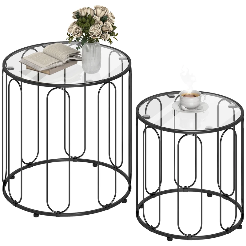HOMCOM Round Coffee Table Set of 2, Glass Nest of Tables with Metal Frame and Glass Tabletop for Living Room, Black