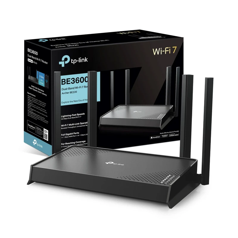 TP-Link Archer BE220 Dual-Band WiFi 7 Router,BE3600 EasyMesh WiFi Router with 4 Antennas,Seamless Extender Booster with 4K-QAM,Full Gigabit Ports,VPN Encryption,APP Control,Easy Setup