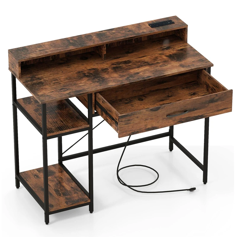 SFAREST Computer Desk, Industrial Laptop Writing Desk with Monitor Stand, Drawers & Storage Shelves, Wooden PC Study Work Table for Bedroom Study Office(Rustic Brown,106 x 48 x 90cm) - Image 1