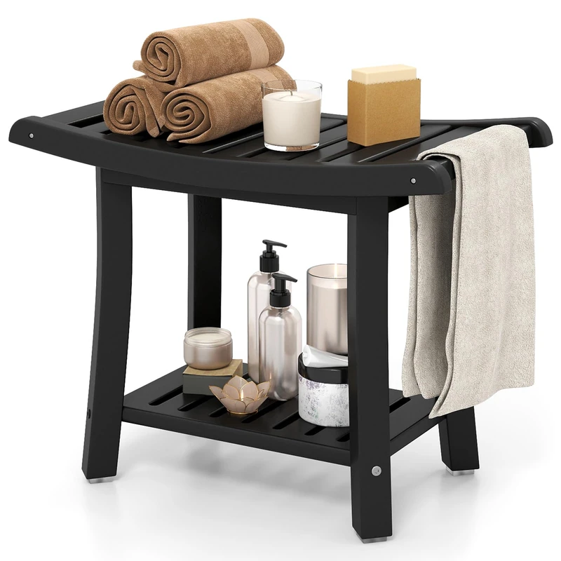 FANTASK Bathroom Stool Bench Shower Bench 170 kg Load Capacity with Shelf 60.5 x 34 x 48 cm Bathroom Bench Sturdy Shower Chair for Adults Seniors Black