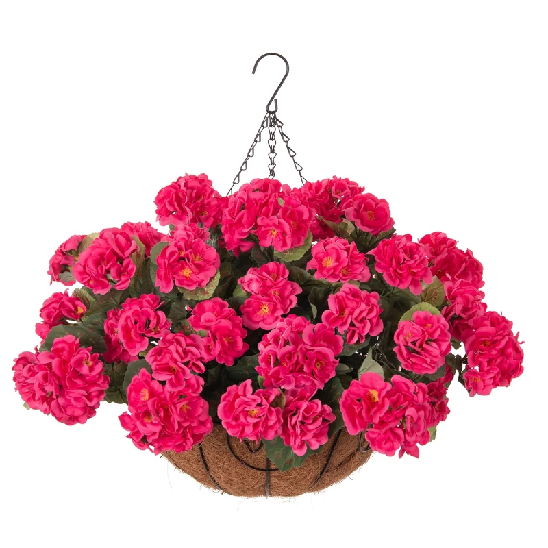 INSPRING Geraniums Artificial Flowers Hanging Basket for Outdoors Outside Spring Decoration, 8 Bundles Silk Flowers Fake Plants Look Real UV Resistant for Porch Home Patio Balcony Yard, Hotpink