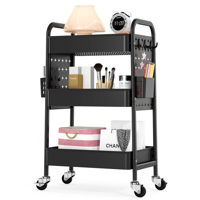 KINGRACK 3-Tier Rolling Cart with DIY Hanging Board, Metal Utility Cart with Wheels, Handles, Baskets & Hooks, Storage Organizer for Bathroom, Kitchen, Office, Nursery Diaper, Black