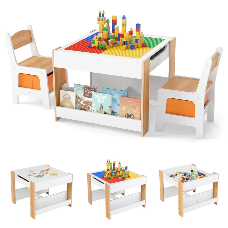GYMAX Kids Table and Chairs Set, 4 in 1 Children Activity Desk with 2 Chairs, Reversible Tabletop, Bookshelves and Storage Bins, Toddler Building Block Table Set for Boys Girls (White + Natural)