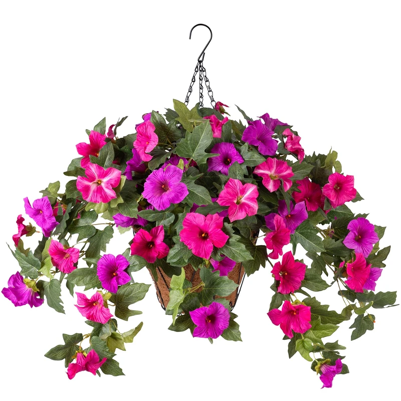 VGNQA Artificial Petunia Flowers with Hanging Basket for Outdoors, 3 Pcs Fake Hanging Flowers UV Resistant Faux Silk Plants for Garden Porch Yard Patio Realistic Home Spring Decor(Purple Fuchsia)