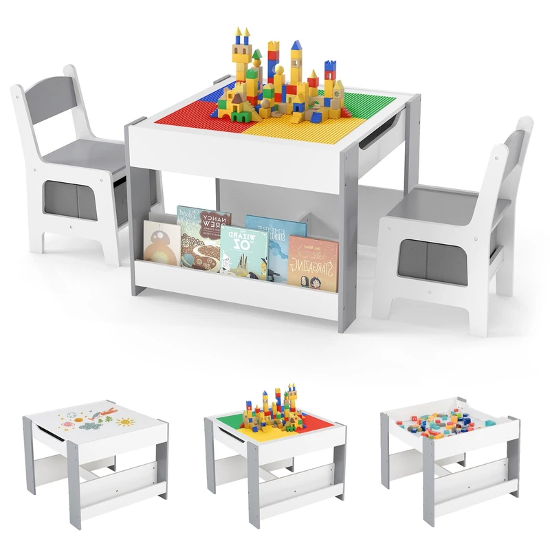 GYMAX Kids Table and Chairs Set, 4 in 1 Children Activity Desk with 2 Chairs, Reversible Tabletop, Bookshelves and Storage Bins, Toddler Building Block Table Set for Boys Girls (White + Gray)